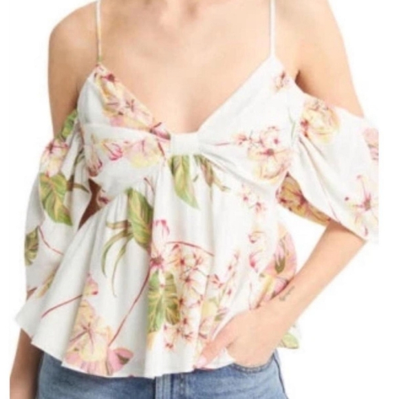 WAYF Coco Floral Print Cold Shoulder Top Ivory Tropical Medium - Picture 1 of 7